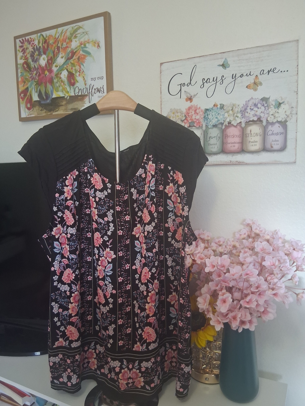 Black Floral Panel Flutter-Sleeve Blouse with Pink Blossoms